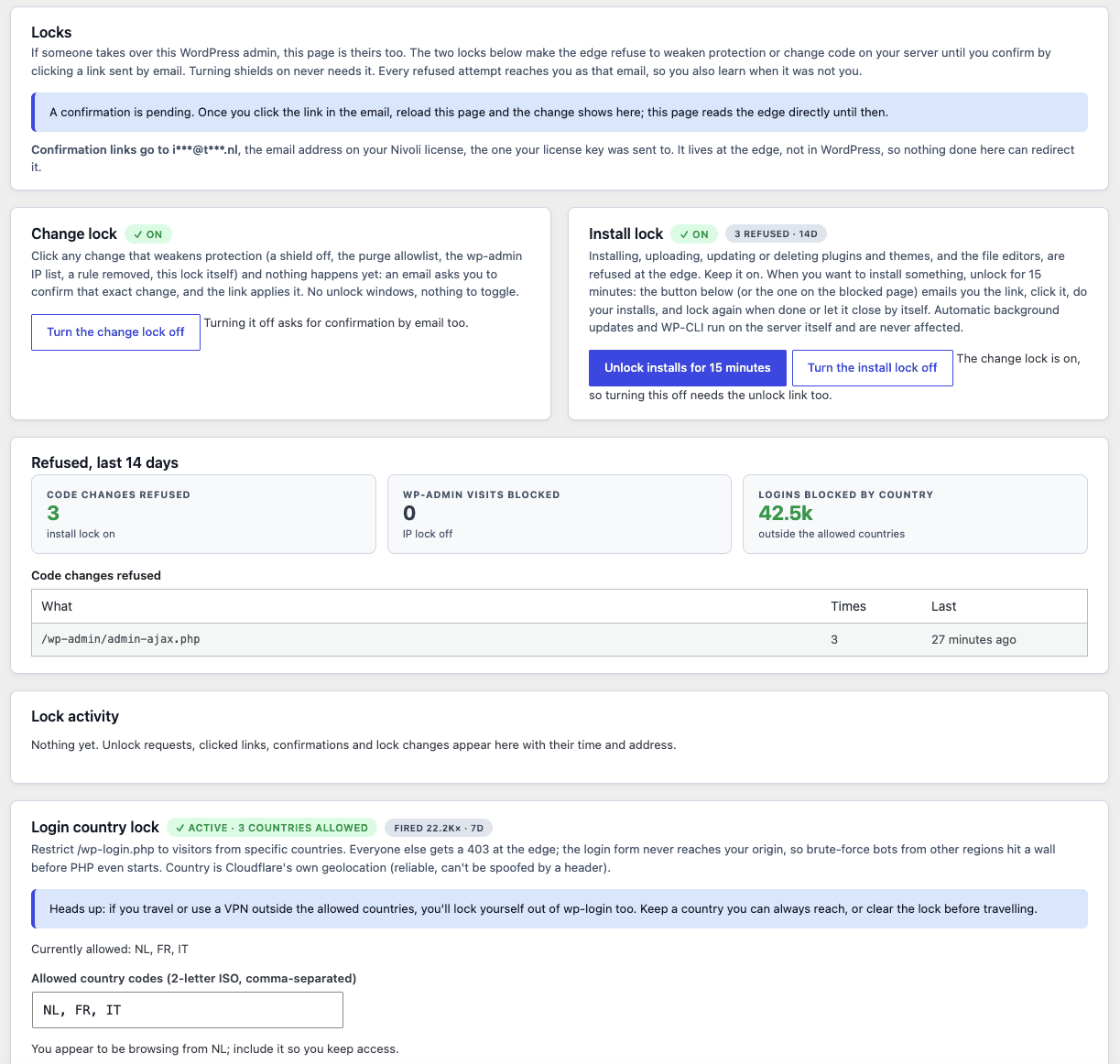 Locks page: change lock on, install lock on with 3 refused in 14 days, Unlock installs for 15 minutes button, Refused row with 3 code changes refused, 0 wp-admin visits blocked and 42.5k logins blocked by country, a table of refused code changes, the lock activity log, and the login country lock allowing NL, FR, IT