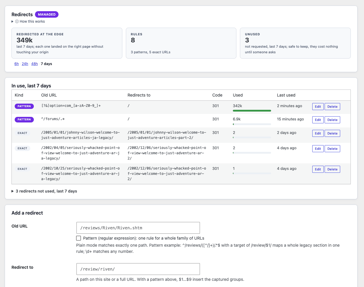 Redirects pane: 349k requests redirected at the edge in 7 days across 8 rules, 3 patterns and 5 exact URLs; one pattern rule caught 342k legacy CMS URLs